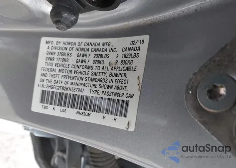 2019 Honda Civic Sport z USA, uszkodzony, nr VIN 2HGFC2F82KH537947